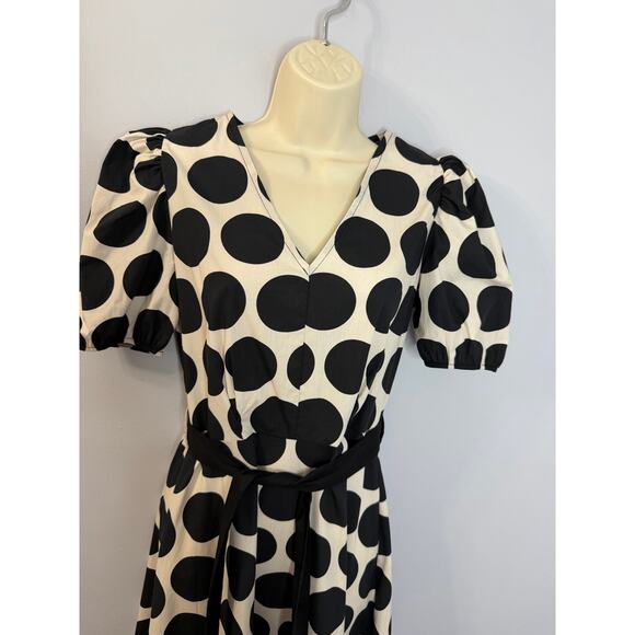 LUNA ALLEGRA V Neck Puff Sleeve Polka Dot Midi Dress Black White Sz S - Picture 3 of 13